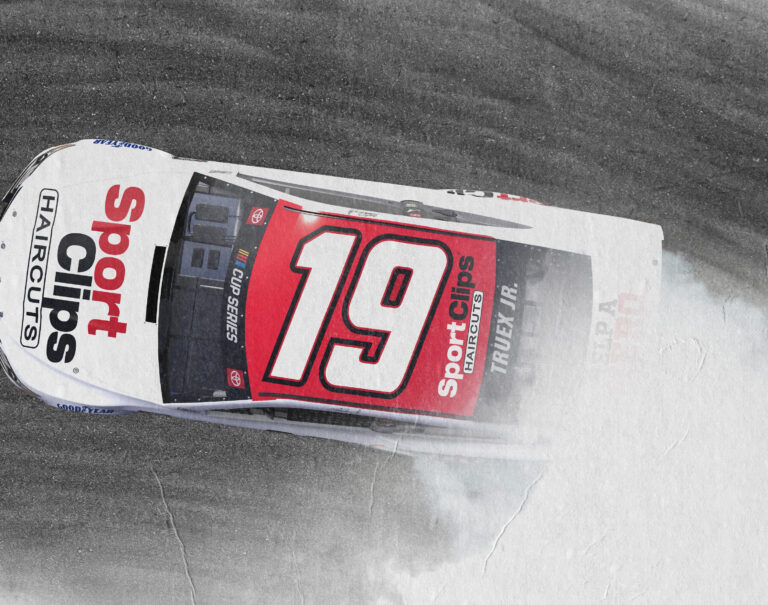 With Martin Truex Jr. and Kyle Busch new to the Sport Clips brand in 2020, there were no photos of them in a car like for Erik Jones' Hero Card. To give it an exciting look and still feature the car design and driver number, I composited a 3D render of the car into a photo to have it look like it was doing donuts on a track with smoke coming out of the rear wheels. Examples of the composition before and after are shown.
